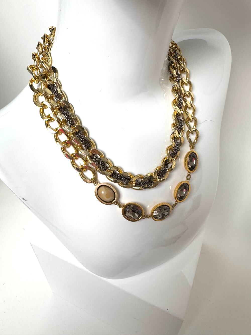 Gold Tone Multi Strand Statement Necklace Smoky Crystal Chunky Chain